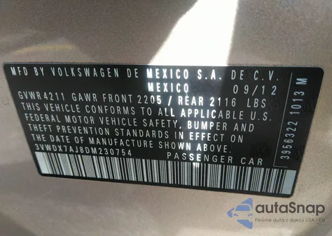2013 Volkswagen Jetta 2.5L Se from USA, damaged, VIN 3VWDX7AJ8DM230754